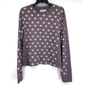 Champion Sweatshirt Purple White Logo Pullover Crewneck Crop